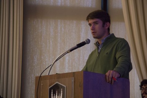 Dillon Domke, Student Association Senate Speaker, talks during an SA Senate meeting Sunday. The SA has invited students from Northeastern University, College of DuPage and Kishwaukee College, amongst others, to participate in a rally during Gov. Bruce Rauner’s visit to NIU on Thursday.