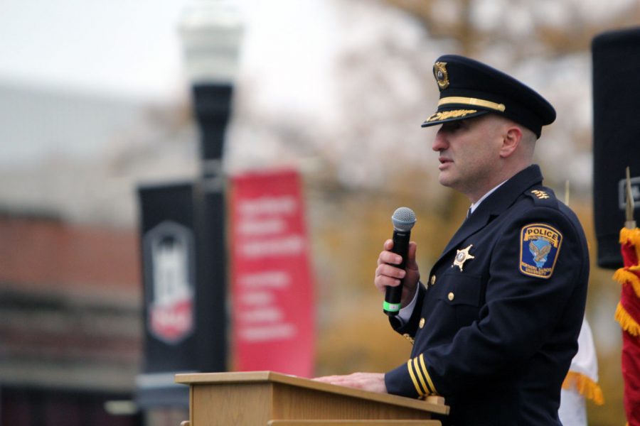 NIU Police Chief Thomas Phillips speaks about issues facing veterans Nov. 11 during a Veterans’ Day ceremony at the flagpole southeast of Altgeld Hall. “Whether it’s donation or volunteerism, we can all make a difference,” Phillips said. “Regardless of how you choose to help, the important message is try to give back something to the men and women who have given so much to defend our way of life.”