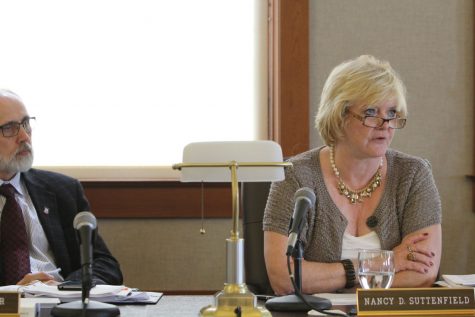 Interim CFO Nancy Suttenfield speaks about NIU's budget proposal during a Board of Trustees Finance, Facilities and Operations Committee meeting on Sept. 1, 2014, in Altgeld Hall.