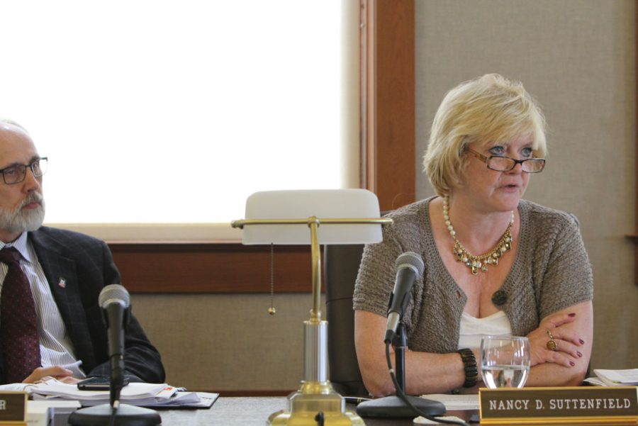 Interim CFO Nancy Suttenfield speaks about NIUs budget proposal during a Board of Trustees Finance, Facilities and Operations Committee meeting on Sept. 1, 2014, in Altgeld Hall.