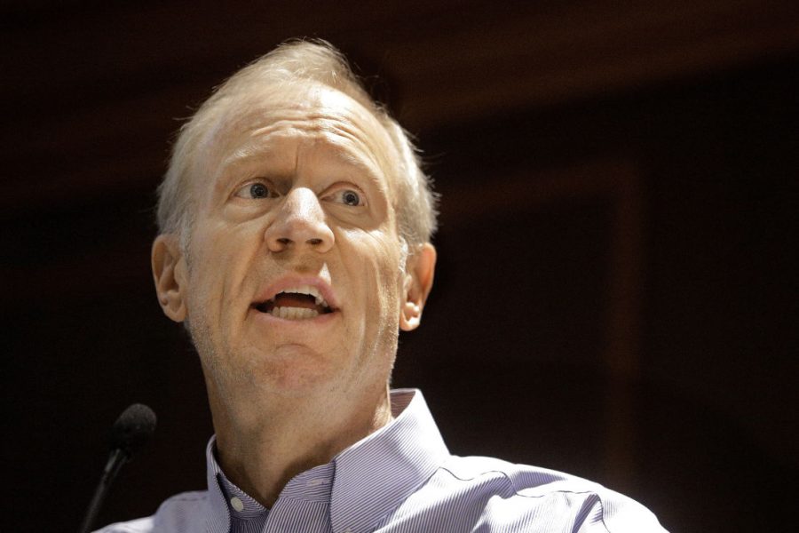 Illinois Gov. Bruce Rauner speaks to members of the Illinois Emergency Management Agency on Sept. 11 in Springfield. Dillon Domke, Student Association speaker, is calling for students to attend a rally during Rauner’s visit to NIU on Oct. 29.