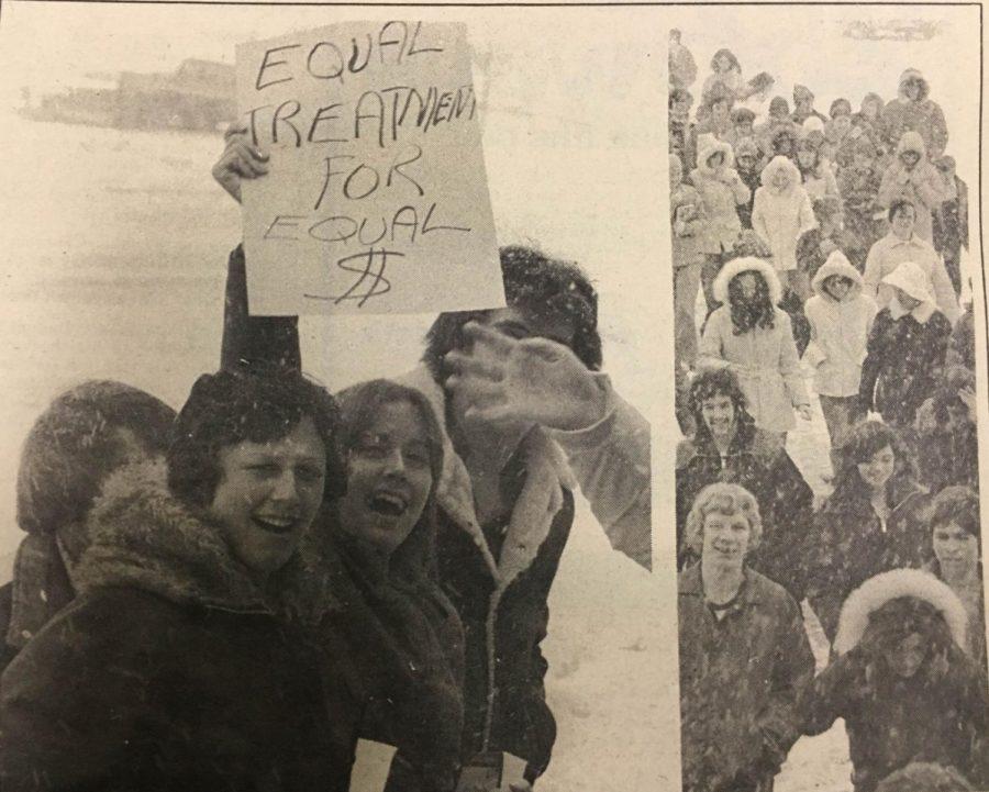 Douglas Hall residents protest the residence halls weekend food service policy in a photo published in the Northern Star on Jan. 26, 1976.