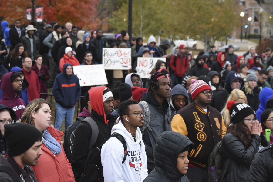 Students listen to speakers during a rally that was held during Gov. Bruce Rauners Oct. 29 visit to NIU. 