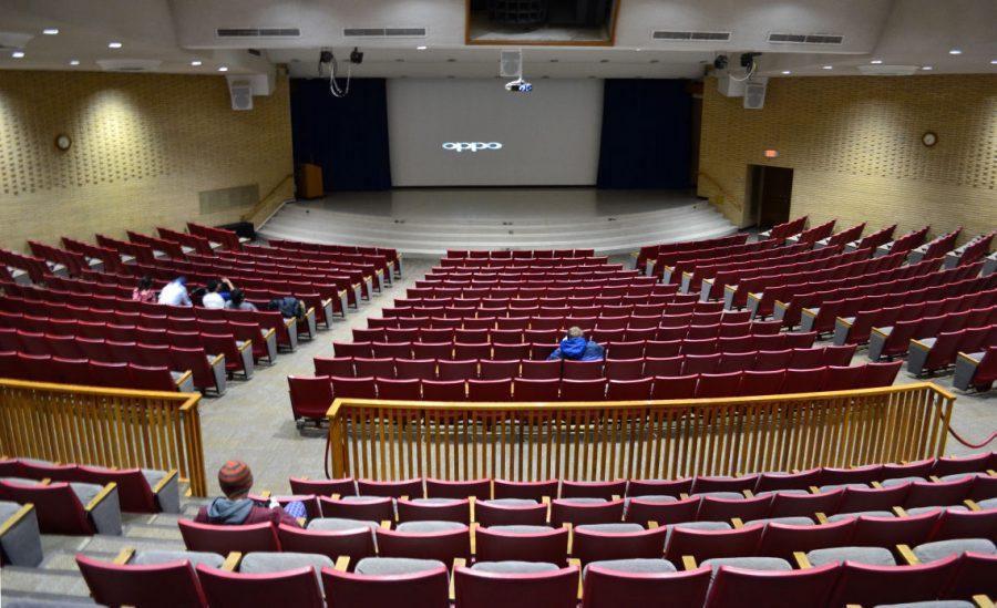 A handful of people attend the “Goosebumps” movie showing as part of the “Cinemas in Sandburg” movie series Jan. 26 in the Holmes Student Center, Carl Sandburg Auditorium.