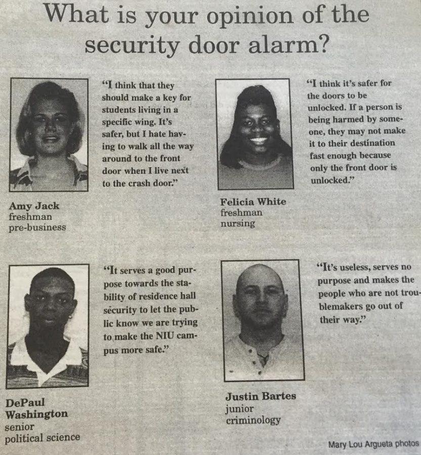 Residence hall students participate in a photo poll giving their opinion on the security door alarms.