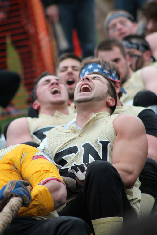 Senior kinesiology major Nick Natalizio tugs for Sigma Nu during an April 20, 2015, tugs match.