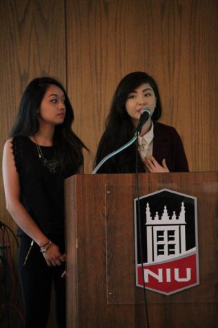 Lianne Abellar (left), freshman pre-elementary education major, and Minnika Hoggsterom (right), sophomore biological sciences major, talk about Promoting Leadership through Unconditional SisterHood, an organization for female empowerment. The organization was approved at the Student Association Senate meeting Sunday in the Holmes Student Center, Sky Room.