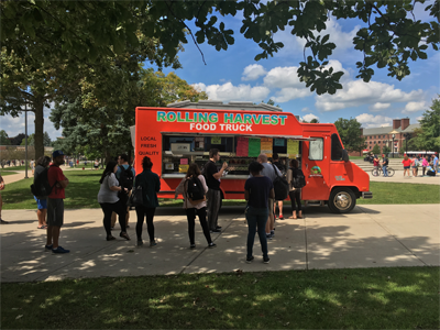 The Rolling Harvest Food Truck serves food like falafel wraps and sweet potato fries and is open 10 a.m. to 2 p.m. Monday, Tuesday, Wednesday and Friday in August.