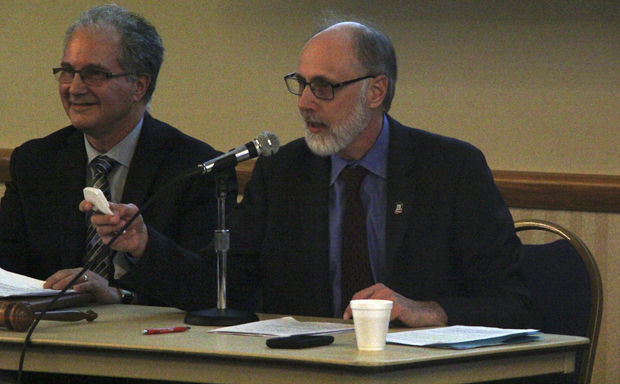 President Doug Baker (right) and Faculty Senate President Greg Long (left) participate in the University Council meeting Feb. 3 in the Holmes Student Center, Sky Room.