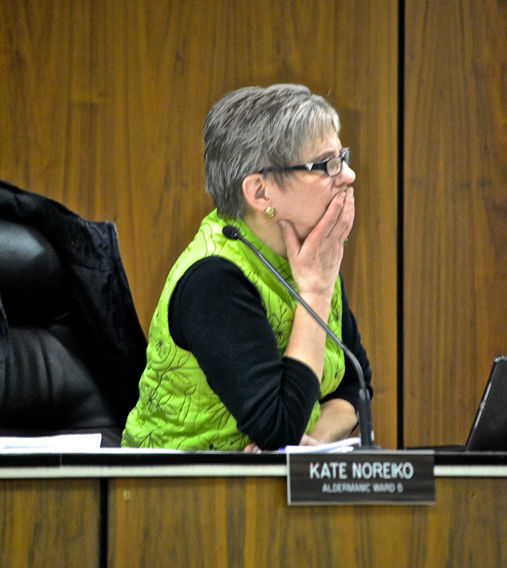 Fifth Ward Alderwoman Kate Noreiko listens to a speaker during a former city council meeting which occur the second and fourth Monday of each month.  