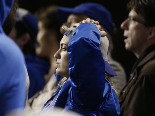 Chicago Cubs fans watch during the eighth inning of Game 4 of the Major League Baseball World Series between the Chicago Cubs and the Cleveland Indians today in Chicago.
