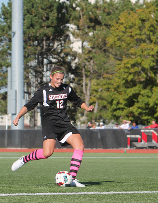 Center midfielder Emilie Haugen takes a free kick during an Oct. 9 game against Ball State University.