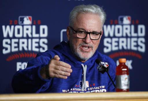 Chicago Cubs manager Joe Maddon talks before Game 1 of the Major League Baseball World Series against the Cleveland Indians Tuesday in Cleveland.