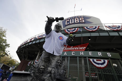 The statue of famed Cubs broadcaster Harry Carey is seen Friday outside Wrigley Field before game three of the Major League Baseball World Series between the Chicago Cubs and the Cleveland Indians.