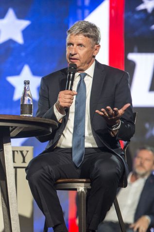 Libertarian candidate for president Gary Johnson delivers remarks at Liberty University Oct. 17 in Lynchburg, Virginia.