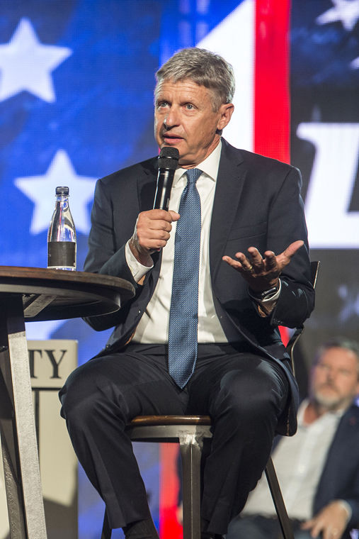 Libertarian candidate for president Gary Johnson delivers remarks at Liberty University Oct. 17 in Lynchburg, Virginia.