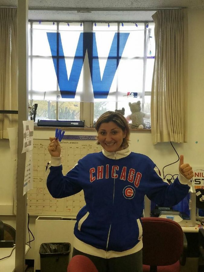 Pettee Guerrero, outreach and engagement specialist, holds a 3D-printed ‘W’ she made for the Chicago Cubs Wednesday in Swen Parson. Guerrero has a ‘W’ flag hanging in her office window at Swen Parson. 