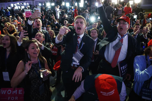 Supporters of Republican presidential candidate Donald Trump cheer as they watch election returns during an election night rally Tuesday in New York.