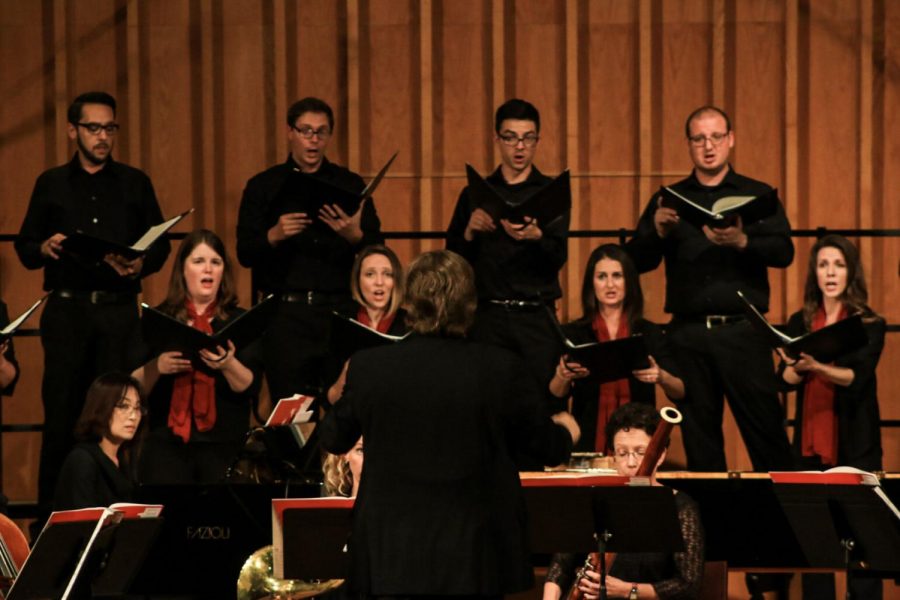 Cor Cantiamo is comprised of a professional chamber choir and seven professonal instrumentalists. The ensemble performed “The Seven Heavens: The Life of C.S. Lewis in the Planets of the Middle Ages” Thursday at the Boutell Memorial Concert Hall. 