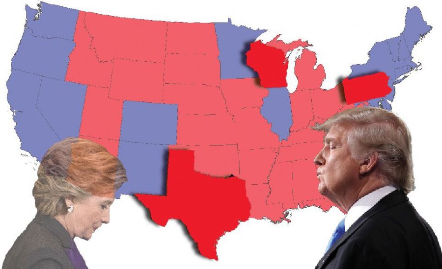 Even after trailing in the projected polls on Election Day, President-elect Donald Trump was able to win more than the necessary 270 electoral votes by flipping swing states. Wisconsin, Pennsylvania and Texas, originally projected to be “blue” states, were key wins in his victory to become president over Secretary Hillary Clinton.