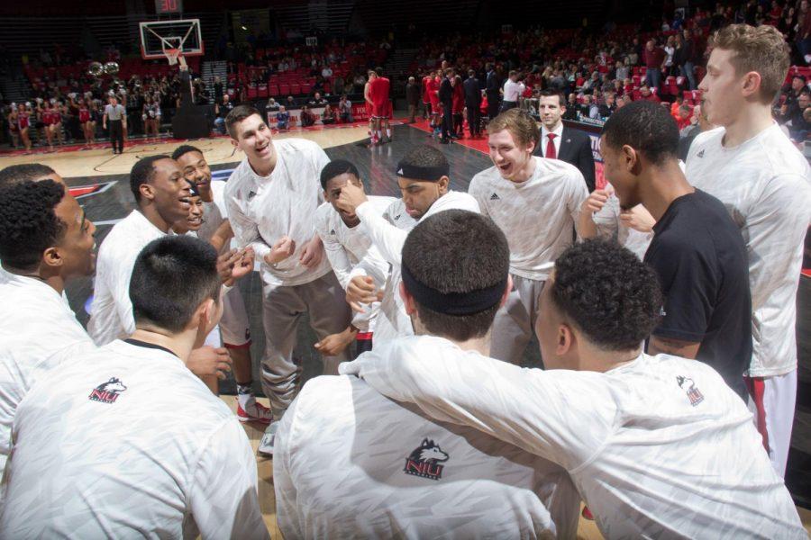 Players get hyped up during pre-game routines March 4 of last season against Ball State. The Huskies are riding a four-game win streak.