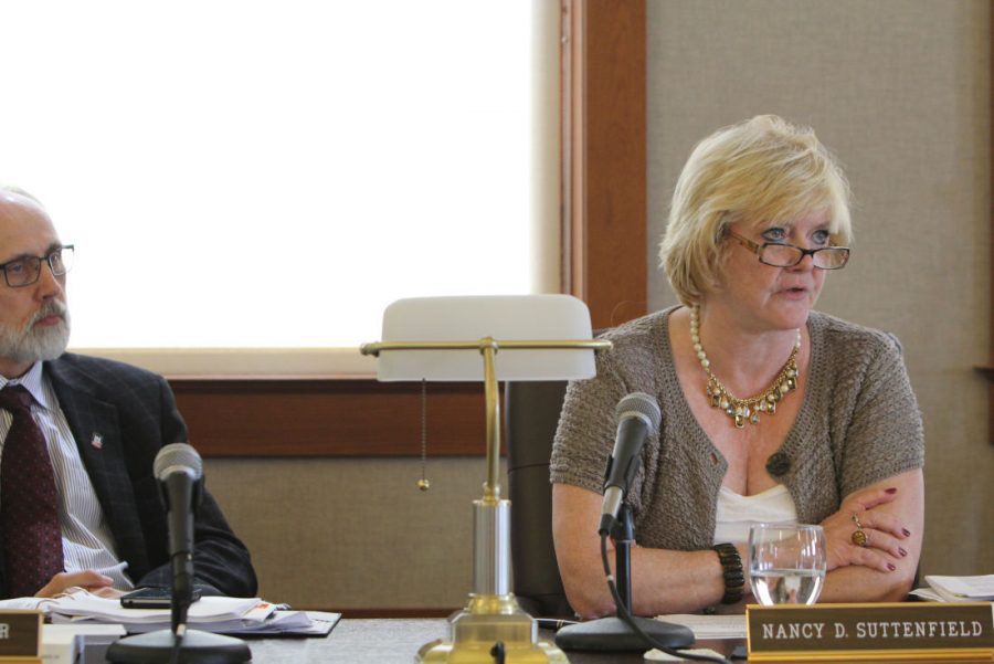 Former interim CFO Nancy Suttenfield speaks about NIUs budget proposal during a Board of Trustees Finance, Facilities and Operations Committee meeting Sept. 1, 2014 in Altgeld Hall.
