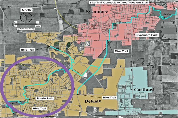 Construction on the Kishwaukee-Kiwanis bike path that will connect the Prarie Park path with the path on campus near East Lagoon is projected to begin in May. This connection will be made in the area circled on the map.