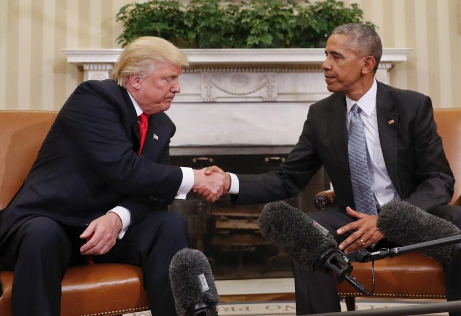President Barack Obama and President-elect Donald Trump shake hands following their meeting on Nov. 10, 2016 in the Oval Office of the White House in Washington.