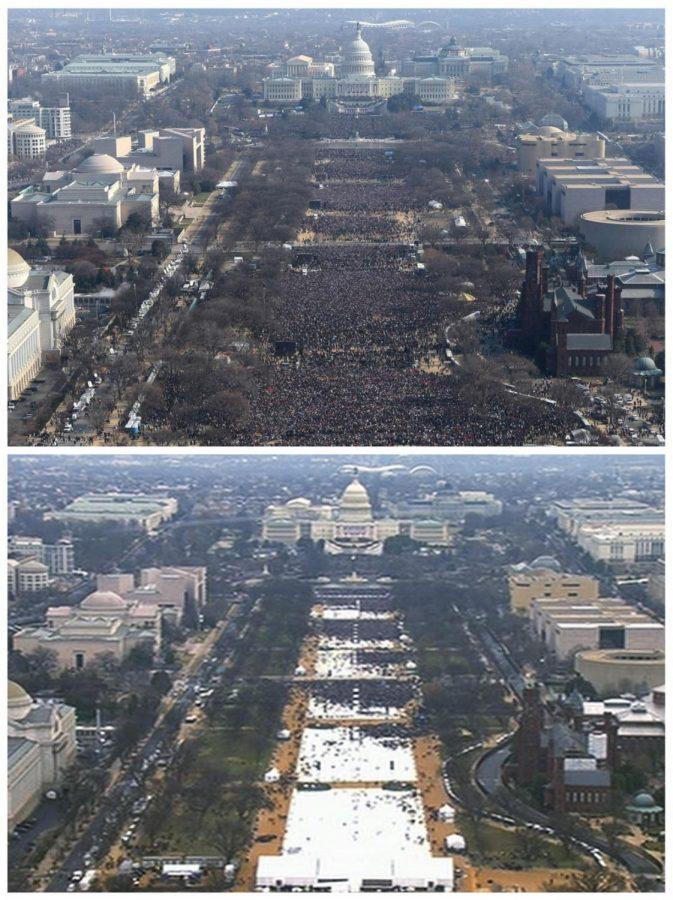 This pair of photos shows a view of the crowd on the National Mall at the inaugurations of former president Barack Obama, above, on Jan. 20, 2009, and President Donald Trump, below, on Jan. 20, 2017. Both photos were shot from the top of the Washington Monument. 