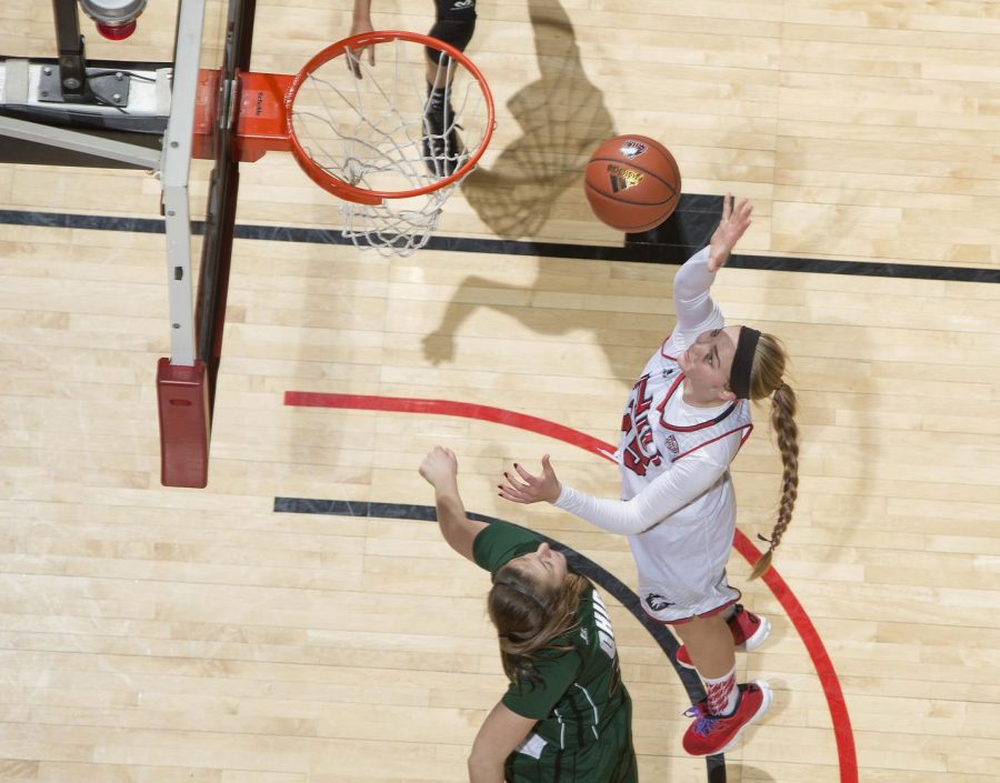 Junior forward Kelly Smith shoots the ball during a Jan. 7 game against Ohio University at the Convocation Center. The Huskies defeated Ohio, 88-80.