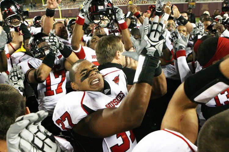 Former NIU Linebacker Alex Kube celebrates a 34-23 victory over University of Minnesota Sept. 25, 2010 in Minneapolis. Kube was pronounced dead at 11:50 p.m. Wednesday at Rockford Memorial Hospital.