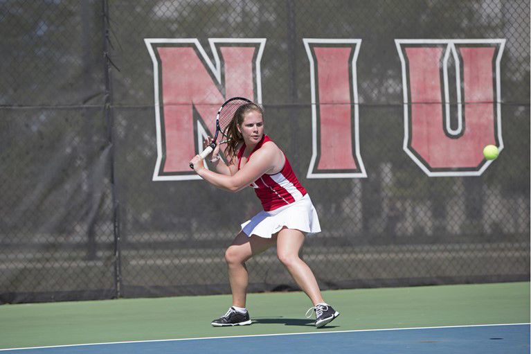 Sophomore tennis player Meghan Montgomerie gets set to return a volley in practice earlier this season. The tennis team has lost six consecutive matches dating back to Feb. 18 against Southern Illinois University at Edwardsville. 