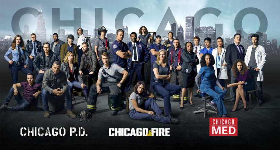 This photo features the casts of three of the four shows in the franchise---Chicago P.D., Chicago Fire and Chicago Med. The full cast of newly released Chicago Justice is not pictured. 
