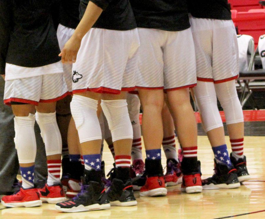 The womens team wore American flag socks for Senior Night Wednesday in support of senior guard Ally Lehmans decision to join Active Duty in the Army post graduation.