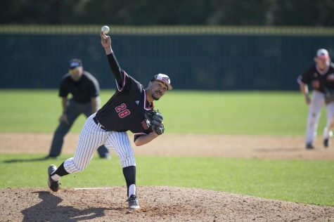 Junior pitcher Donovan Sims hurls a pitch towards home plate over the weekend against Southern Illinois University-Edwardsville. NIU lost all four games it played this weekend.
