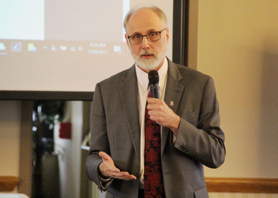 President Doug Baker gives a presentation during a March 29 Faculty Senate meeting in the Holmes Student Center, Sky Room. Baker announced a campus-wide involvement in his presidential review in a Monday report.