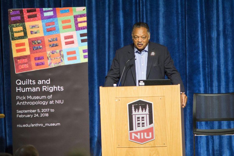 The Rev. Jesse Jackson was welcomed by students, administrators and faculty of NIU inside the Sandburg Auditorium on Tuesday. Jackson brought emphasis in saying, “This land is our land, it was made for all of us”. This message carried through the entire day as the exhibit touched on many social injustices, current events and politics.