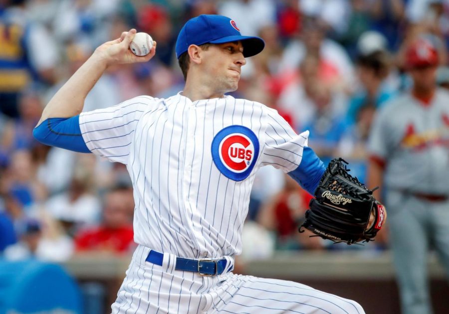 Cubs+pitcher+Kyle+Hendricks+throws+a+pitch+in+their+Sept.+16+home+game+against+the+St.+Louis+Cardinals.+Hendricks+will+be+starting+in+game+one+of+the+NLDS.