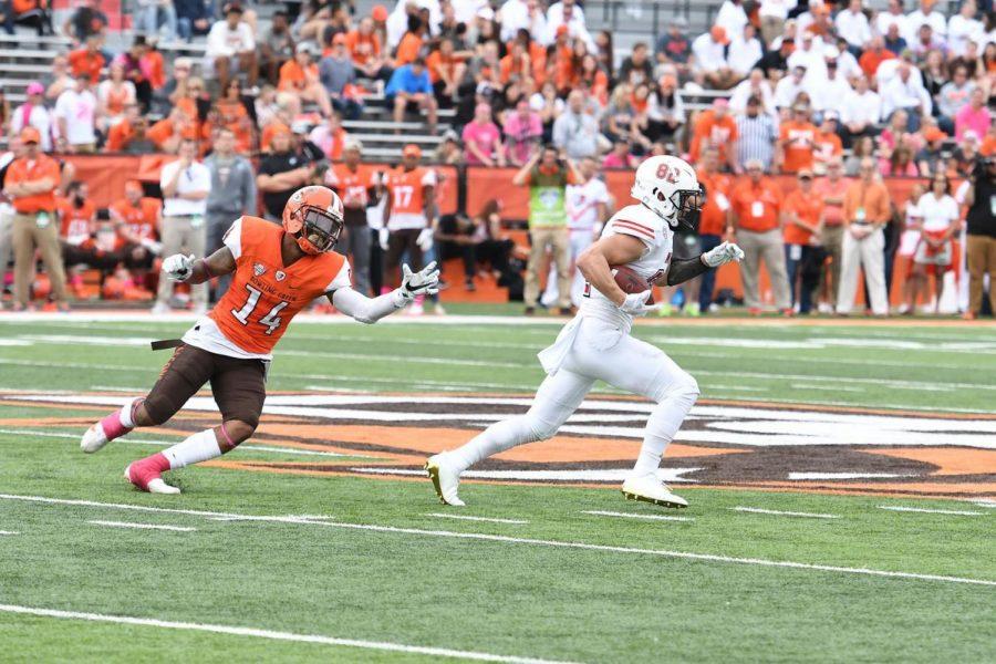 Chad Beebe, redshirt senior wide receiver, runs the ball in the Huskies’ 48-17 road win Saturday against Bowling Green. The Huskies are 3-0 in Conference play.