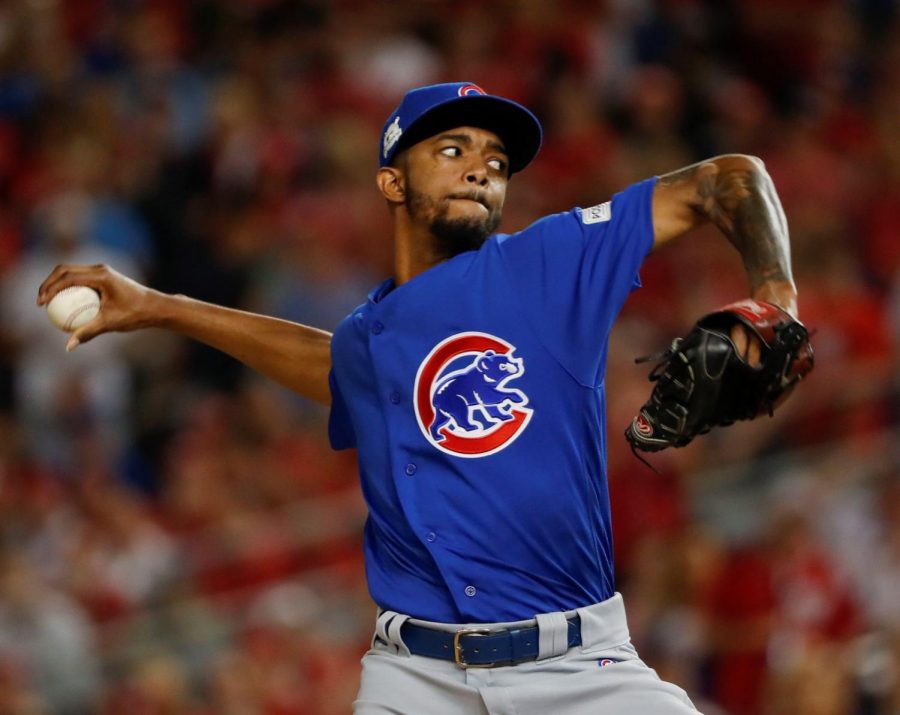 Chicago Cubs relief pitcher Carl Edwards Jr. throws a pitch in the eighth inning of Game one of the NLDS at Washington D.C Friday. Game three will take place 3:08 p.m. Monday at Wrigley Field in Chicago.