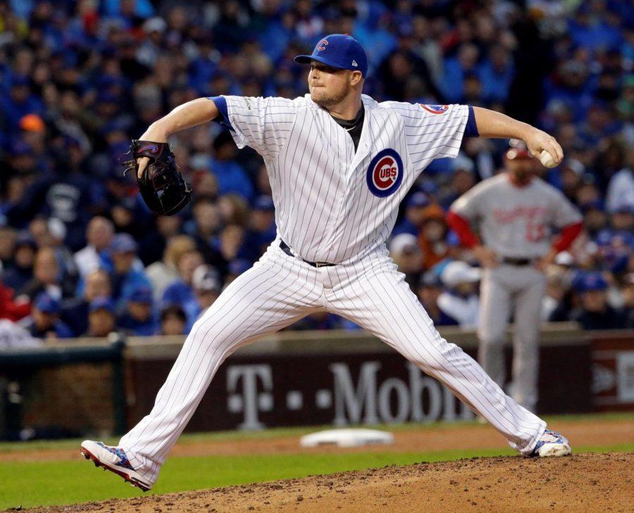 Cubs starting pitcher Jon Lester throws a pitch in game four of the National League Division Series Wednesday. The Cubs lost the game 5-0.