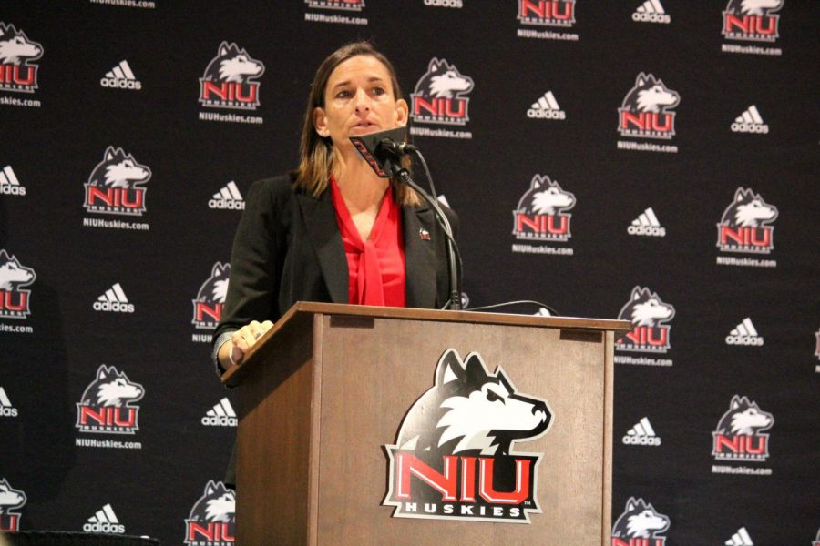 Lisa Carlsen, women's basketball Head Coach, speaks about the team at Media Day Nov. 2, 2017. 