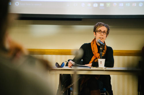Linda Saborio, Faculty Senate president and University Council executive secretary,  speaks during a Wednesday University Council meeting. Saborio is one of the five females who represents a shared governance group. 