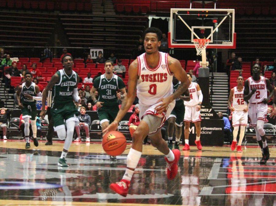 Junior guard Dante Thorpe dribbles to the lane in the Huskies 72-66 home win Saturday over Eastern Michigan. Thorpe finished with five points and six assists in the game.