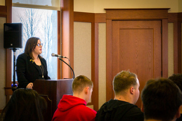 Kristen Foley, Naperville attorney and mother of a student in Greek life, speaks on students’ rights to privacy and the unfair practices of the Office of Student Conduct at a Thursday Board of Trustees meeting in Altgeld. 
