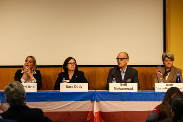 16th Congressional District Democratic candidates Amy “Murri” Briel, Sara Dady, Neill Mohammad and Beth Vercolio-Osmund discuss their positions at the DeKalb Public Library, 309 Oak St., Feb. 19.