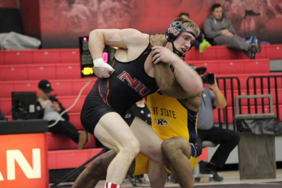 Redshirt freshman Max Ihry battles his opponent in the Huskies 9-24 loss Saturday to Kent State. 