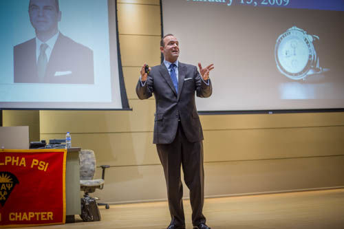 Mr. John Howell speaks about the tragic plane crash he was in and also about his book on Wednesday inside of Barsema Hall.