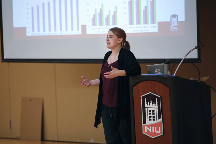 Senior sociology major Candy Rosales opens the Financial Literacy event with remarks of its importance to students and introduction of a few speakers. The location for the evening is inside the Holmes Student Center Regency Room on Thursday night.