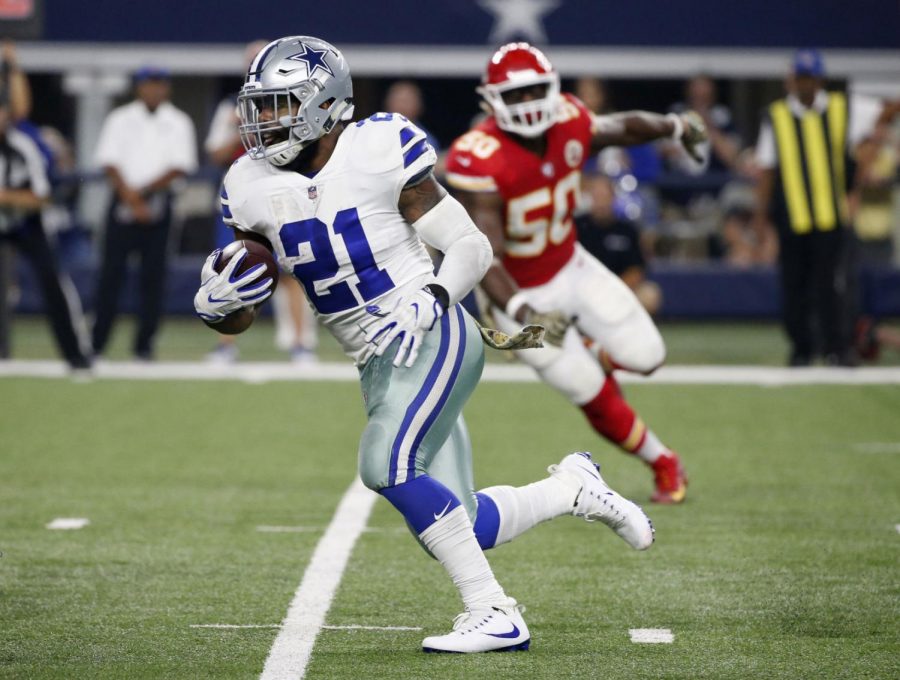 FILE - In this Nov. 5, 2017, file photo, Dallas Cowboys running back Ezekiel Elliott (21) carries the ball as Kansas City Chiefs linebacker Justin Houston (50) gives chase during an NFL football game in Arlington, Texas. Elliotts success depends on an offensive line thats the best in the business when healthy. (AP Photo/Michael Ainsworth, File)
